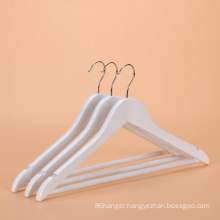 Promotional High quality supermarket white wooden hanger clothes coat hanger with chrome hook for wholesale